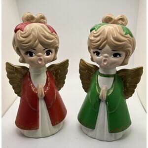Vintage 1970s Ceramic Holland Mold Singing Christmas Choir Angels Green Red Gold